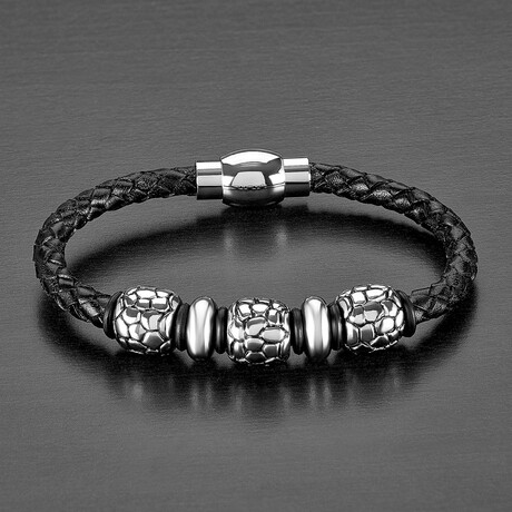 Black Leather + Stainless Steel Beads Bracelet // 8.25"