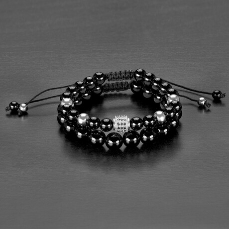 Onyx Stones + Stainless Steel Beads Adjustable Bracelets // Set of 2 // 8"
