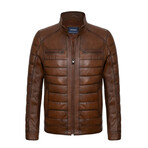 Regular Fit // Mock Neck Quilted Arms & Chest Racer Leather Jacket // Chestnut (M)