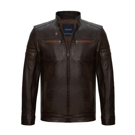 Slim Fit // Mock Neck Racer Leather Jacket // Brown (S)