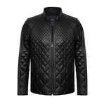 Regular Fit // Mock Neck Quilted Leather Jacket // Black (M)