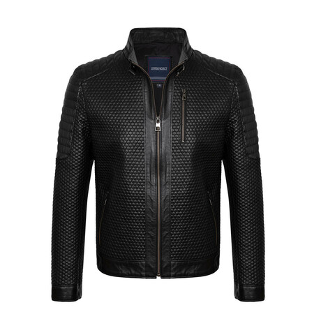 Slim Fit // Textured Mock Neck Leather Jacket // Black (S)