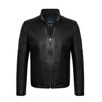Slim Fit // Textured Mock Neck Leather Jacket // Black (L)