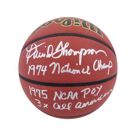 David Thompson // Signed Wilson NCAA Basketball // "1974 National Champs, 1975 NCAA POY, 3x All American" Inscriptions