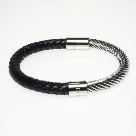 Jean Claude Jewelry // Leather + Stainless Steel Bangle // Black + Silver