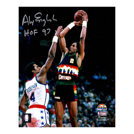 Alex English // Signed Denver Nuggets Action 8x10 Photo //"HOF'97" Inscription