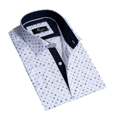 Polka-Dot Short Sleeve Button Up // White + Blue (S)