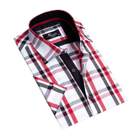 Checkered Short Sleeve Button Up // Red + Black + White (S)
