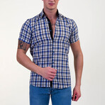 European Premium Quality Short Sleeve Shirt // Blue + White Checkered (L)