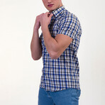 Checkered Short Sleeve Button-Up Shirt // Blue + White (L)