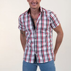 Checkered Short Sleeve Button-Up Shirt // Red + Black + White (XL)