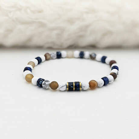 Howlite + Agate + Imperial Jasper Bead Bracelet // Brown + White + Blue + Gold (X-Small (Fits Wrist Sizes 6"-6.5"))