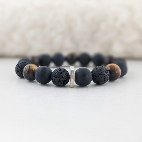 Tiger's Eye + Lava + Agate Bead Bracelet // Brown + Black + Silver (X-Small (Fits Wrist Sizes 6"-6.5"))