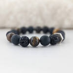 Tiger's Eye + Lava + Agate Bead Bracelet // Brown + Black + Silver (X-Small (Fits Wrist Sizes 6"-6.5"))