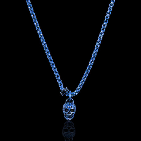 Polished + Antiqued Blue Plated Small Skull Stainless Steel Pendant // 24"