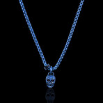 Polished + Antiqued Blue Plated Small Skull Stainless Steel Pendant // 24"