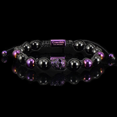 Purple Plated Steel Skull + Onyx Stone Adjustable Bracelet // 8.5"