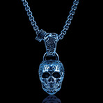 Antique + Polished Blue Plated Stainless Steel X-Large Skull Pendant Necklace // 28"