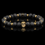Gold Plated Steel Skull + Lava Stone Stretch Bracelet // 8"