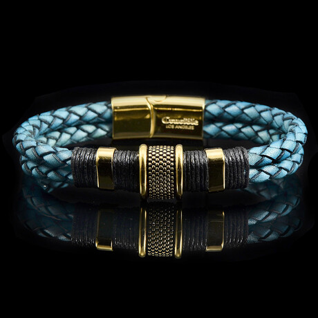 Gold Plated Stainless Steel Distressed Aqua Blue Leather Cuff Bracelet // 8.5"