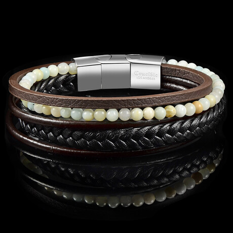 Amazonite Stone + Layered Leather Cuff Bracelet // 8.75"