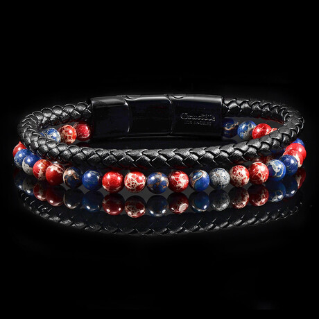 Red + Blue Imperial Jasper + Layered Leather Cuff Bracelet // 8.75"
