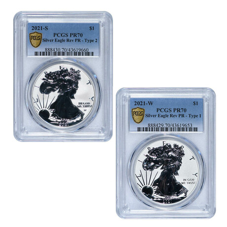 2021-W & 2021-S American Silver Eagle Reverse Proof Designer Set // PCGS Certified PR70 // 2-Coin Set // Wood Presentation Box