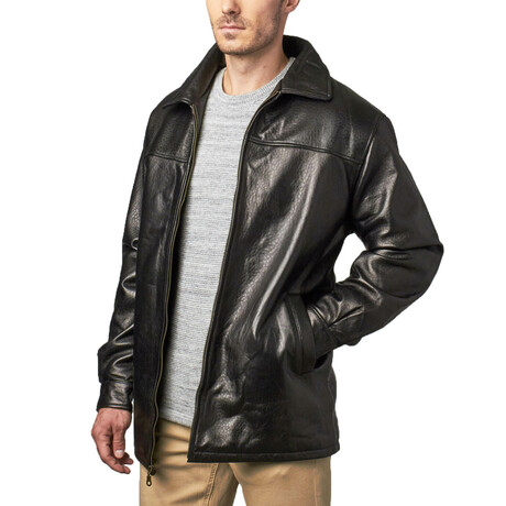 Relaxed Fit Leather Zip-Front Car Coat // Black (S)