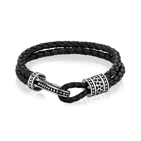 Black Leather Bracelet + Stainless Steel Clasp (8")
