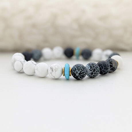 Weathered Agate + Howlite + Turquoise Bead Bracelet // Black + White + Blue (X-Small (Fits Wrist Sizes 6"-6.5"))