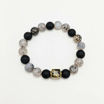 Dragon Veins Agate + Black Agate Bead Bracelet // Black + White + Gold (X-Small (Fits Wrist Sizes 6"-6.5"))