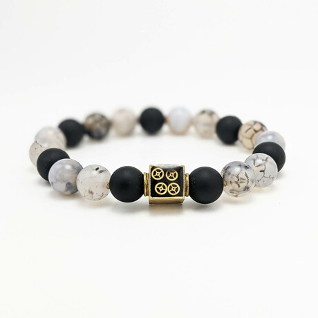 Dragon Veins Agate + Black Agate Bead Bracelet // Black + White + Gold (X-Small (Fits Wrist Sizes 6"-6.5"))