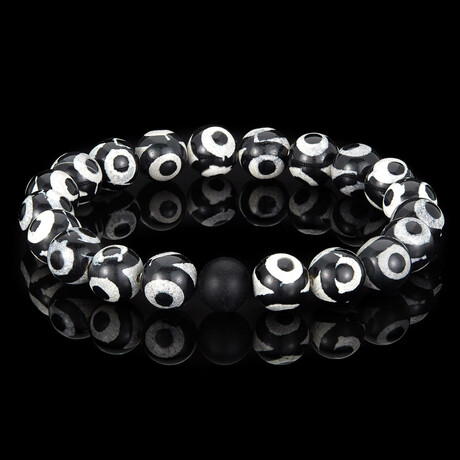 Black + White Agate + Matte Onyx Stone Stretch Bracelet // 8.25"