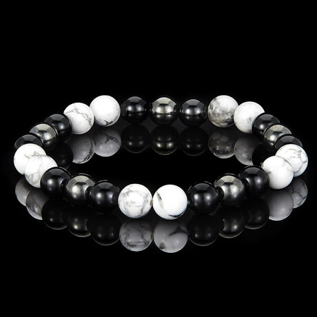 Howlite + Onyx + Magnetic Hematite Stone Stretch Bracelet // 8"