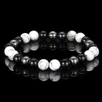 Howlite + Onyx + Magnetic Hematite Stone Stretch Bracelet // 8"