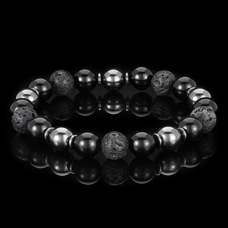Lava + Onyx + Magnetic Hematite Stone Stretch Bracelet // 8.5"