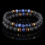 Sodalite + Gold Plated Hematite + Lava + Wood Bead Stretch Bracelets // Set of 2 // 8"