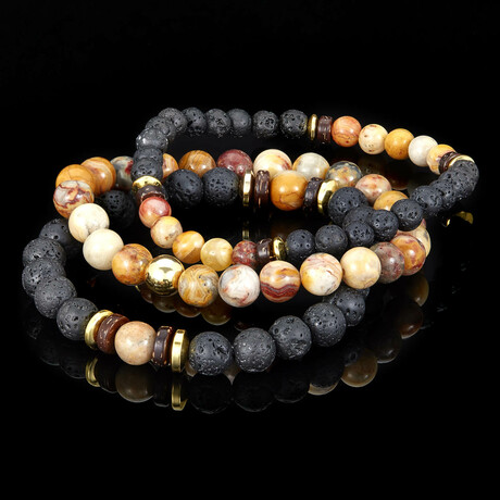Crazy Lace Agate + Gold Plated Hematite + Lava + Wood Bead Stretch Bracelets // Set of 3 // 8"