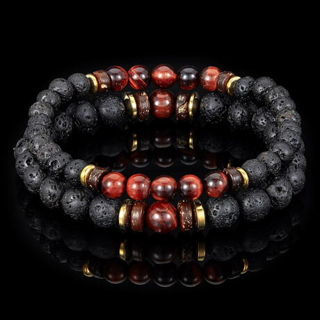 Red Tiger Eye + Gold Plated Hematite + Lava + Wood Bead Stretch Bracelets // Set of 2 // 8"