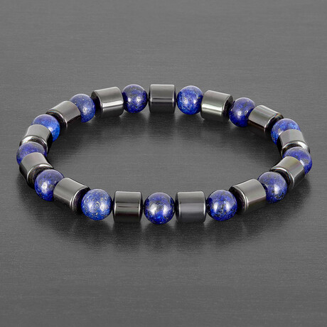 Gunmetal Plated Hematite + Lapis Lazuli Stone Stretch Bracelet // 8.25"