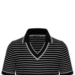Striped V-Neck Short Sleeve Polo Shirt // Black + Gray (M)
