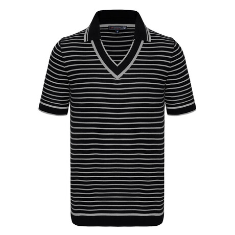 Striped V-Neck Short Sleeve Polo Shirt // Black + Gray (S)