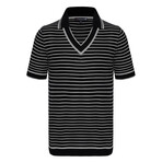 Striped V-Neck Short Sleeve Polo Shirt // Black + Gray (L)