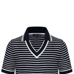 Striped V-Neck Short Sleeve Polo Shirt // Navy + Ecru (3XL)