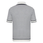 Striped V-Neck Short Sleeve Polo Shirt // Ecru + Navy (L)