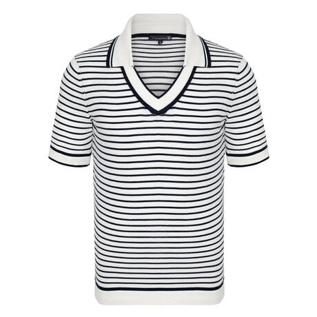 Striped V-Neck Short Sleeve Polo Shirt // Ecru + Navy (S)