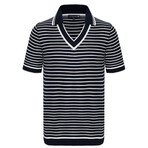 Striped V-Neck Short Sleeve Polo Shirt // Navy + Ecru (M)