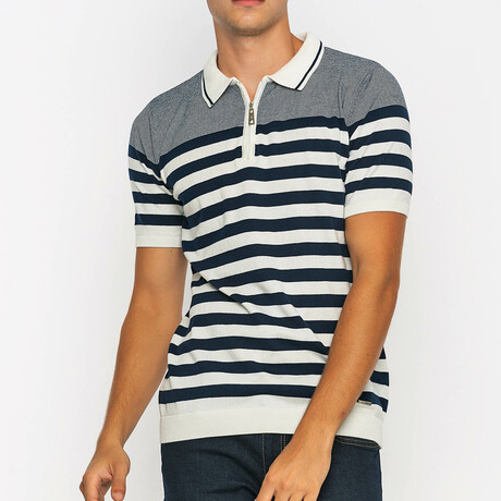 Bold Striped Short Sleeve Polo Shirt // Ecru + Navy (XL)