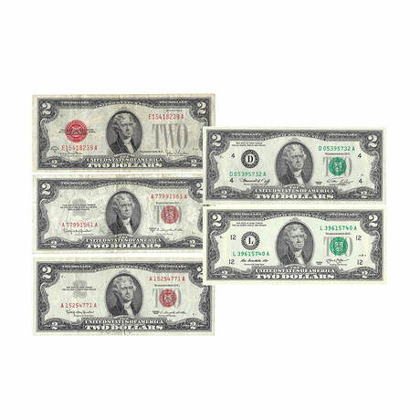 $2 United States Currency Set of 5 // Red & Green Seals // Lightly Circ. to Uncirculated // 1928 to 2003 // Deluxe Collector's Pouch