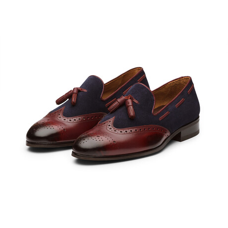 Wingtip Brogue Tassel Loafers // Burgundy & Navy Suede (US: 7)